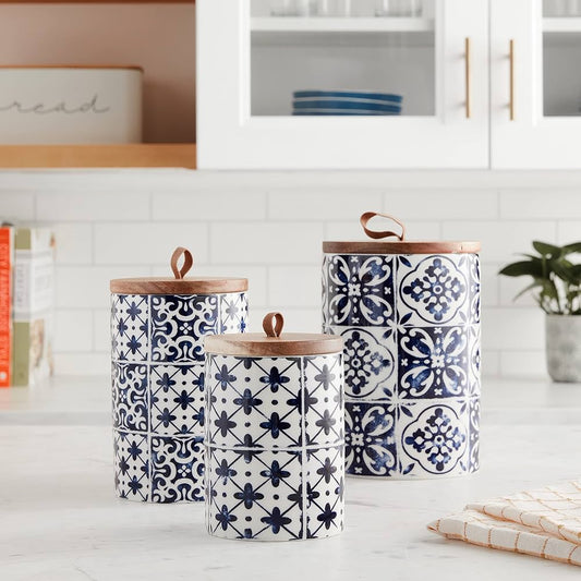 Blue Medallion Set of 3 Canisters - - canisters