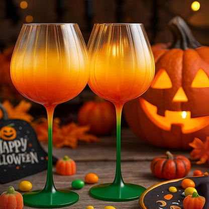 Khen Pumpkin Wine Glasses Fall Inspired Lightweight - Set of 2 Orange & Green - -