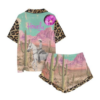 Baha Ranch Retro Pop Western Leopard Desert Cowgirl Satin Pajamas Howdy - - Pajama Sets