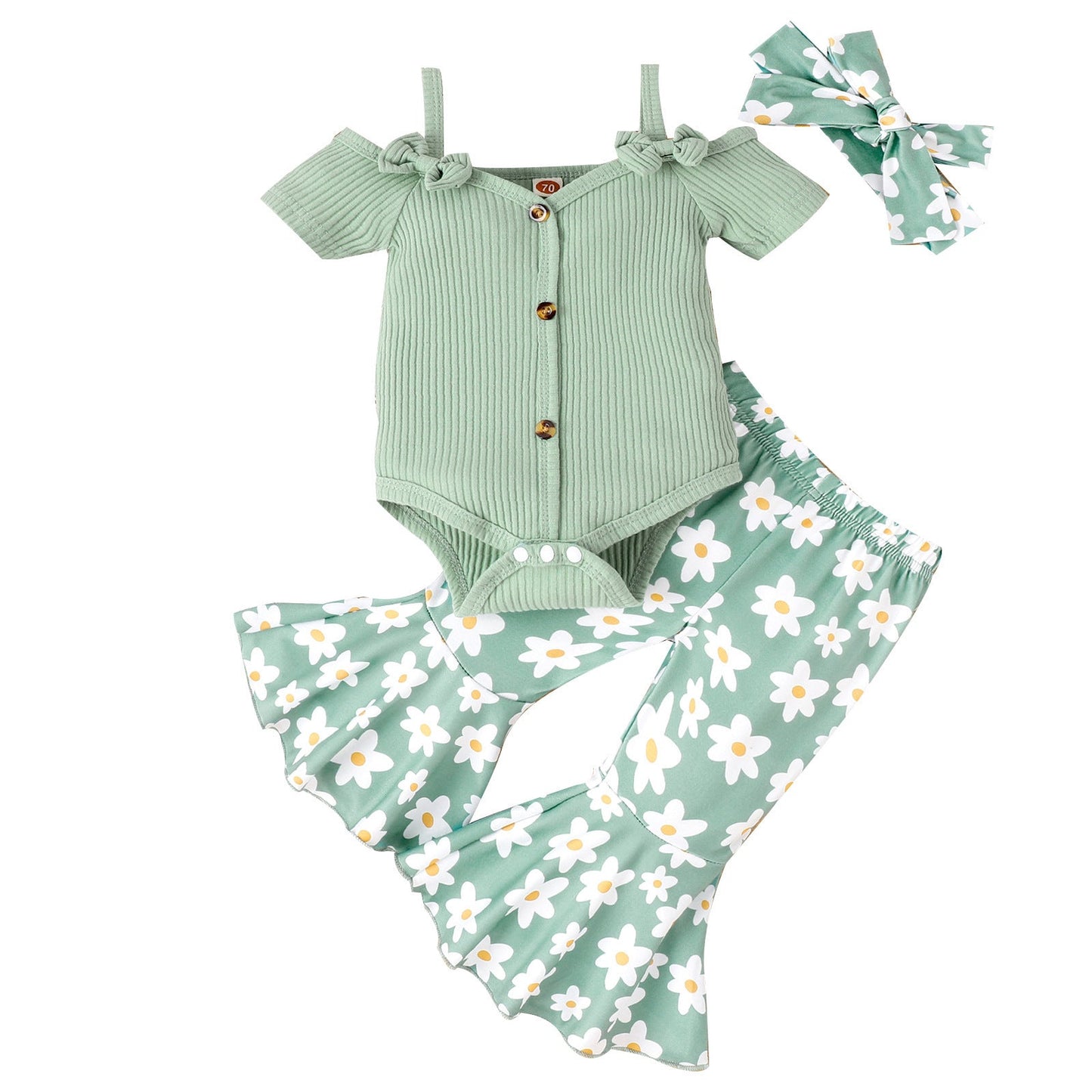 Solid Color Sling Off-shoulder Top Floral Bell-bottom Pants Suit- Baby Joy- {{Product type}}