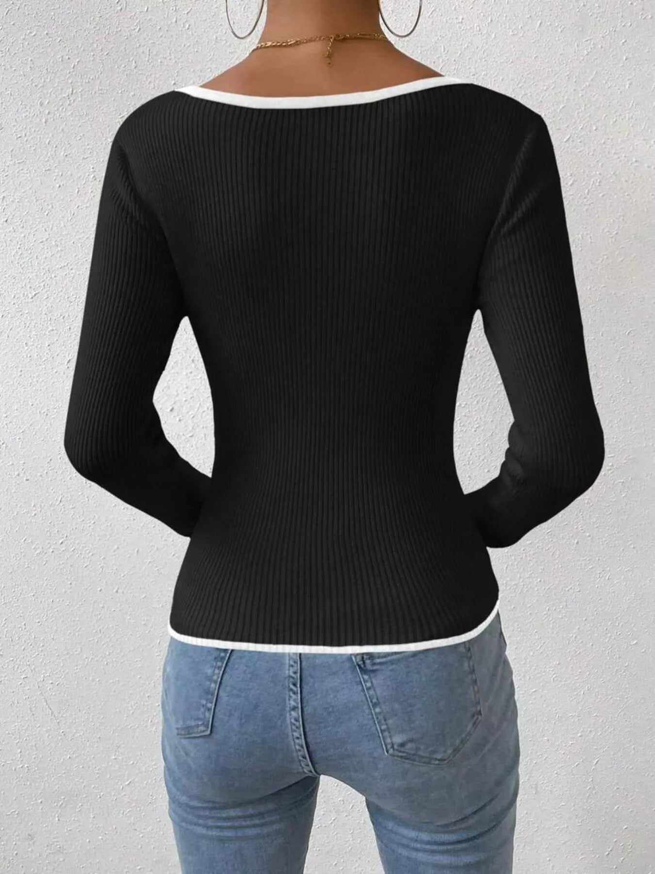 Contrast Trim Long Sleeve Knit Top - -