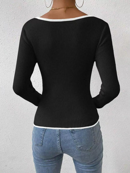 Contrast Trim Long Sleeve Knit Top - -