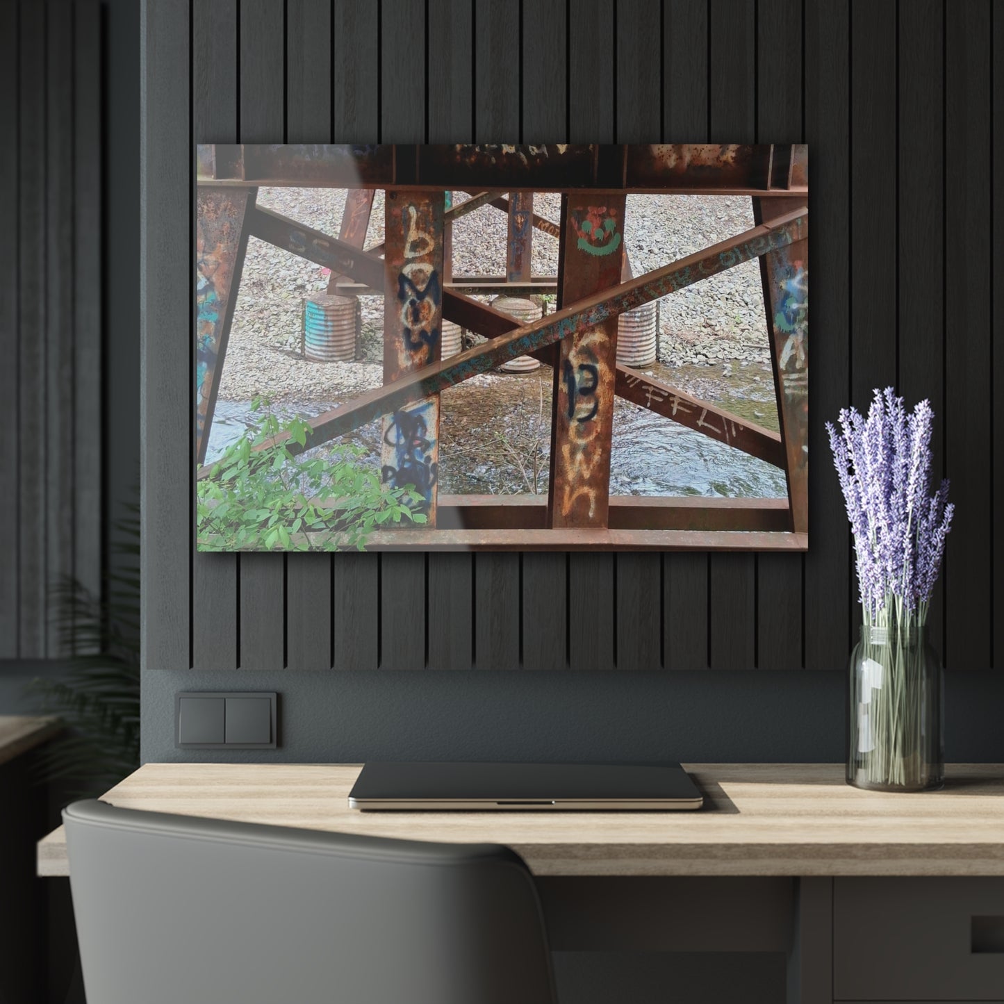 Urban Rusted Bridge Graffiti Acrylic Print French Cleat Hanging - 36" x 24" (Horizontal) 0.25'' - Home Decor