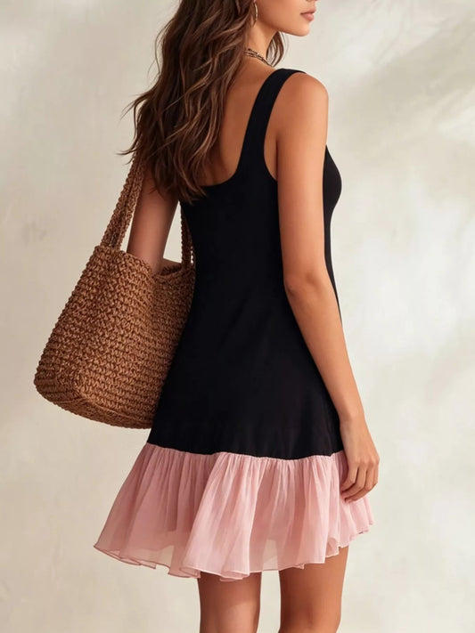 Ruffle Hem Square Neck Mini Dress - -