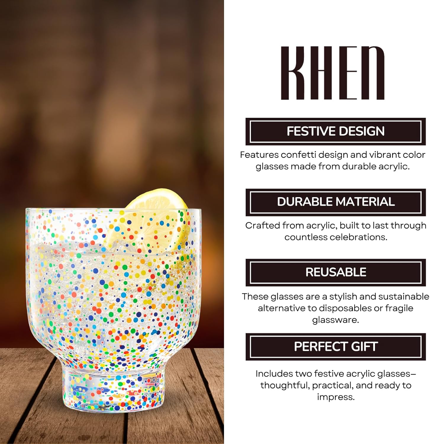 Khen Confetti Stemless Tumblers Set Colorful Drinkware - 12oz Clear - - drinkware