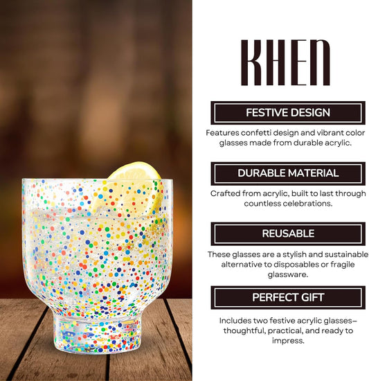 Khen Confetti Stemless Tumblers Set Colorful Drinkware - 12oz Clear - - drinkware