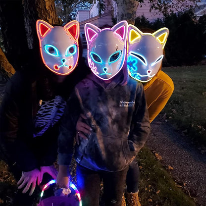 Demon LED Mask Slayers Costume Props Japanese Anime Plastic Fox Face Cosplay Glowing Masks for Adult Masquerade - -