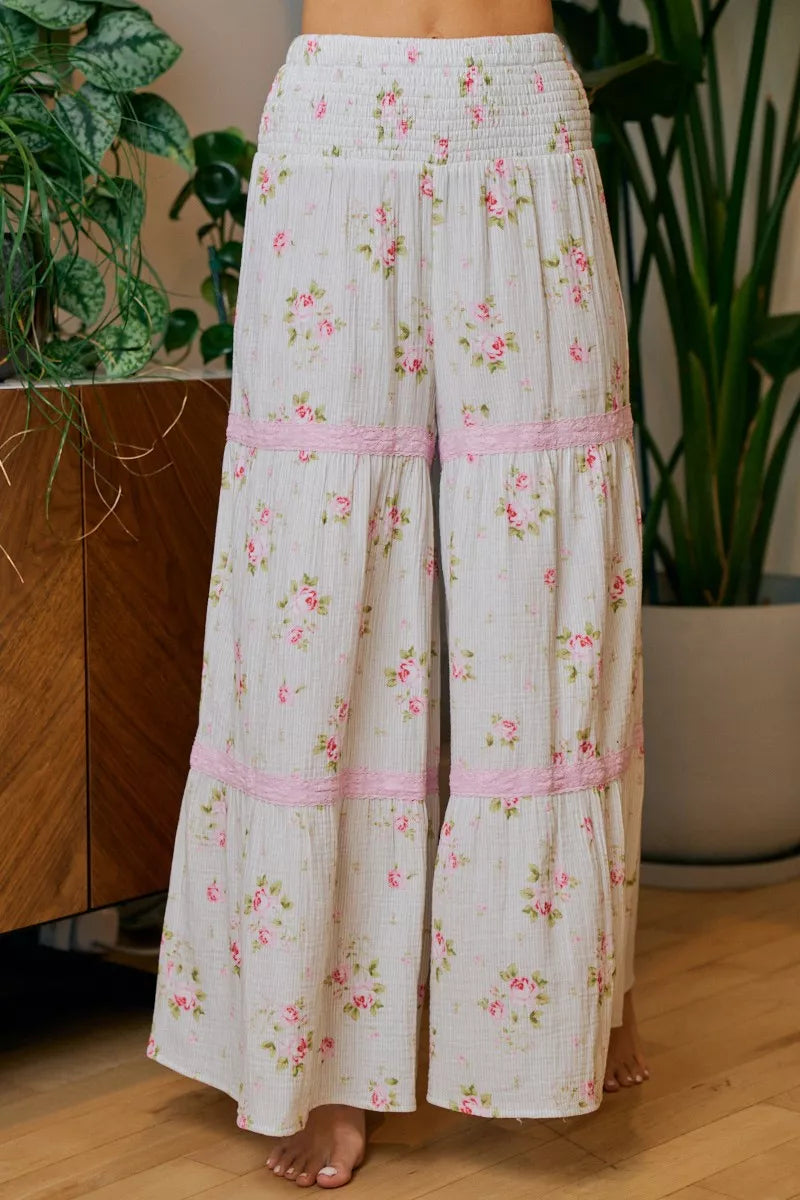 BiBi Rose Printed Gauze Trim Detail Smocked Maxi Pants - -