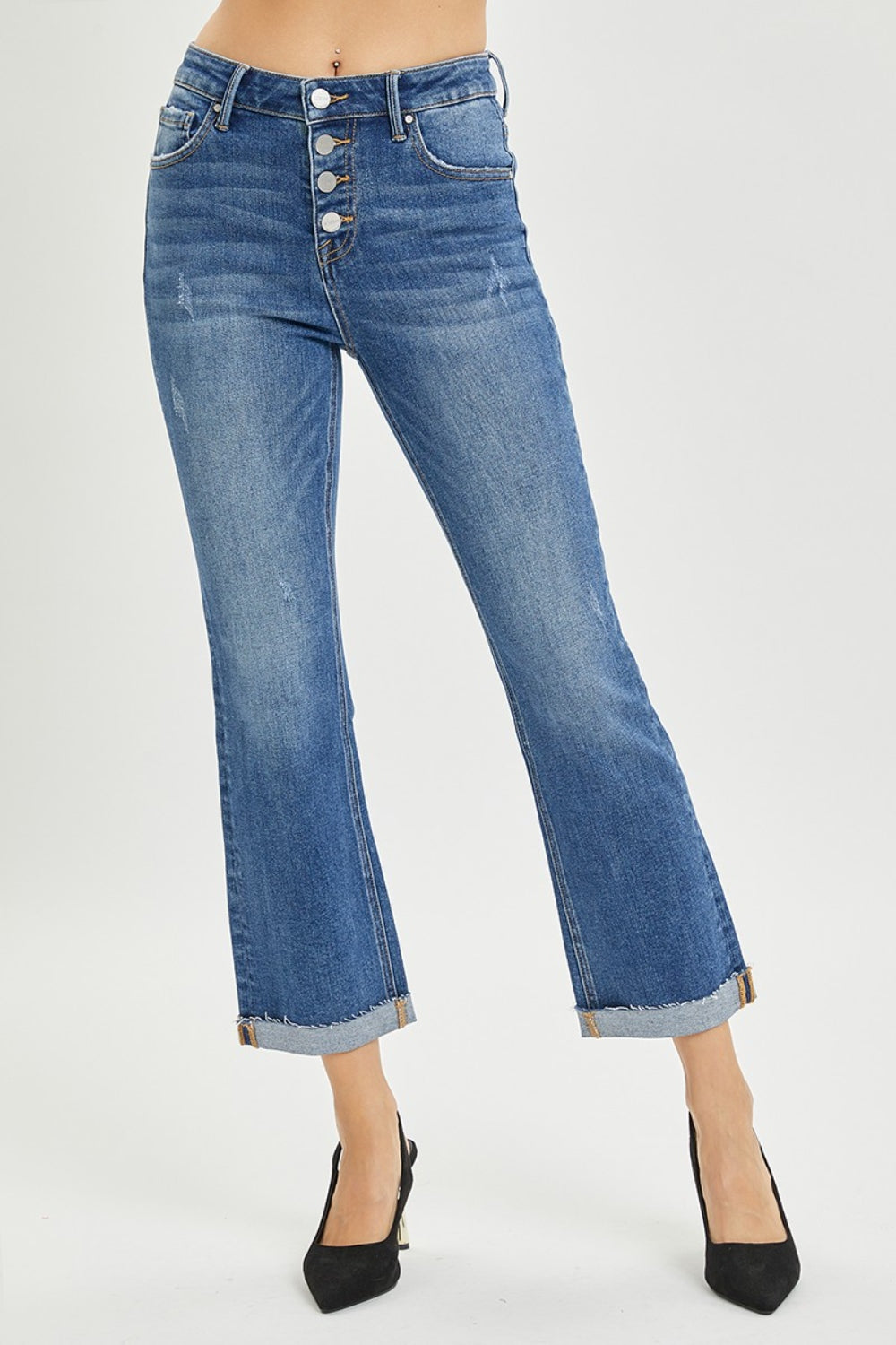 RISEN Button Fly Flared Leg Blue Denim Cropped Jeans - Dark - jeans