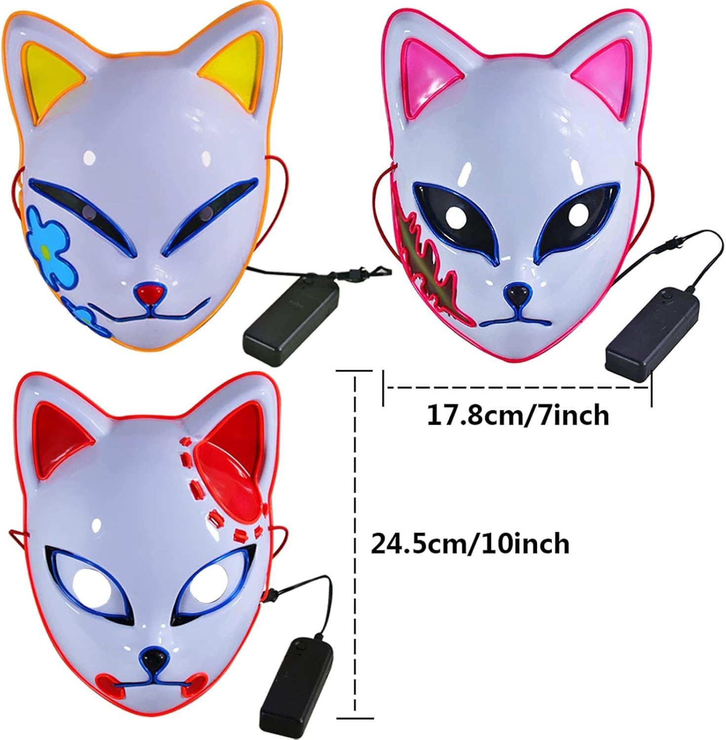 Demon LED Mask Slayers Costume Props Japanese Anime Plastic Fox Face Cosplay Glowing Masks for Adult Masquerade - -