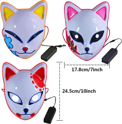 Demon LED Mask Slayers Costume Props Japanese Anime Plastic Fox Face Cosplay Glowing Masks for Adult Masquerade - -