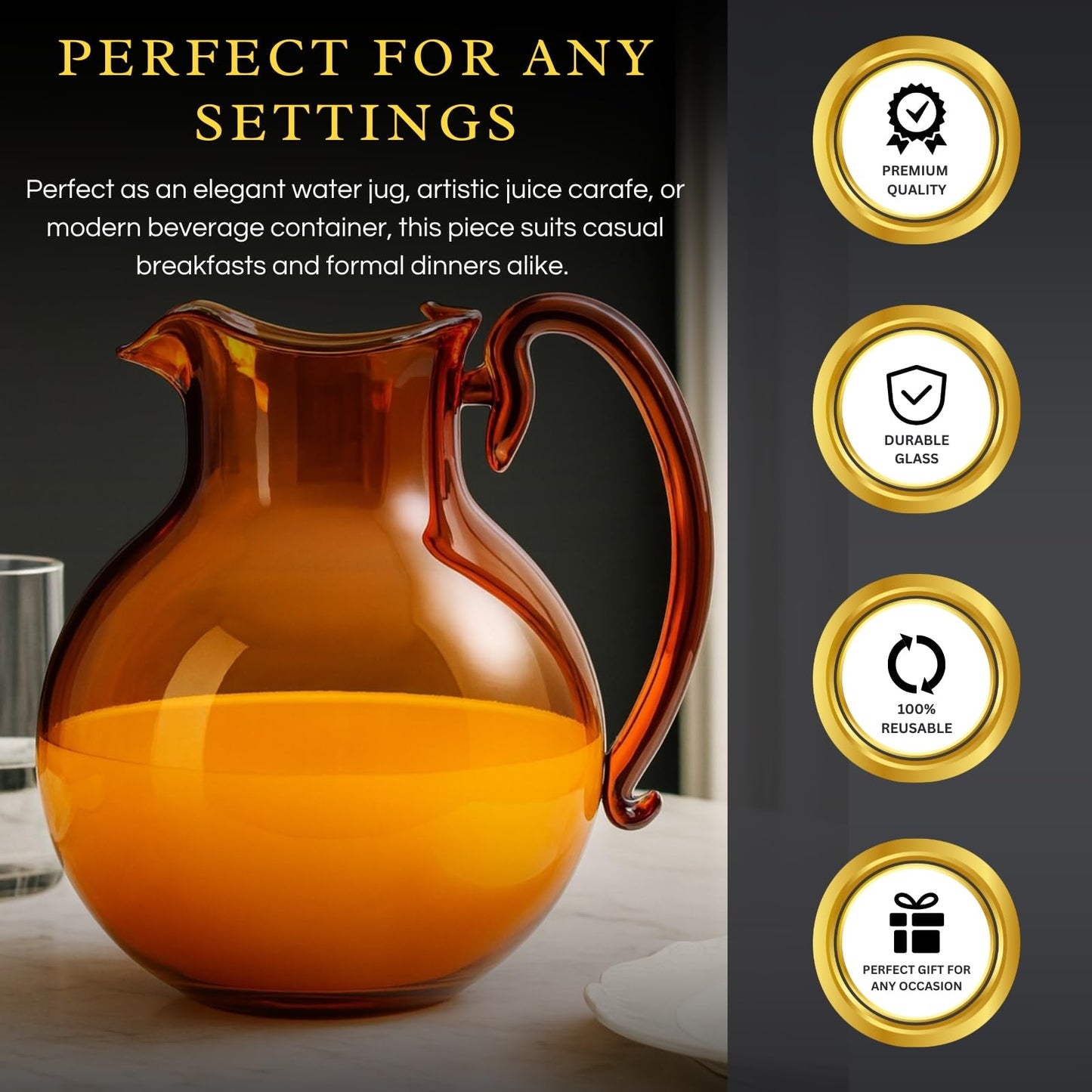 Italian Design Amber Glass Jug Mouth-Blown Venetian Pitcher 750ml Handmade Murano - - jug