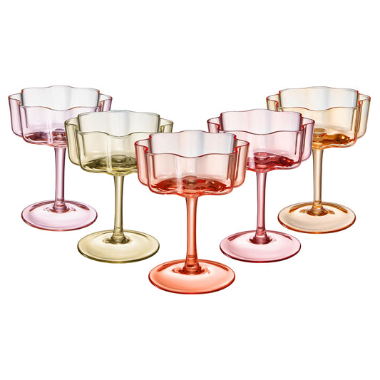 Flower Wave Coupe Cocktail Colored Glasses Set of 5 Fall/Holiday Colors - - Drinkware