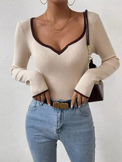 Contrast Trim Long Sleeve Knit Top - -