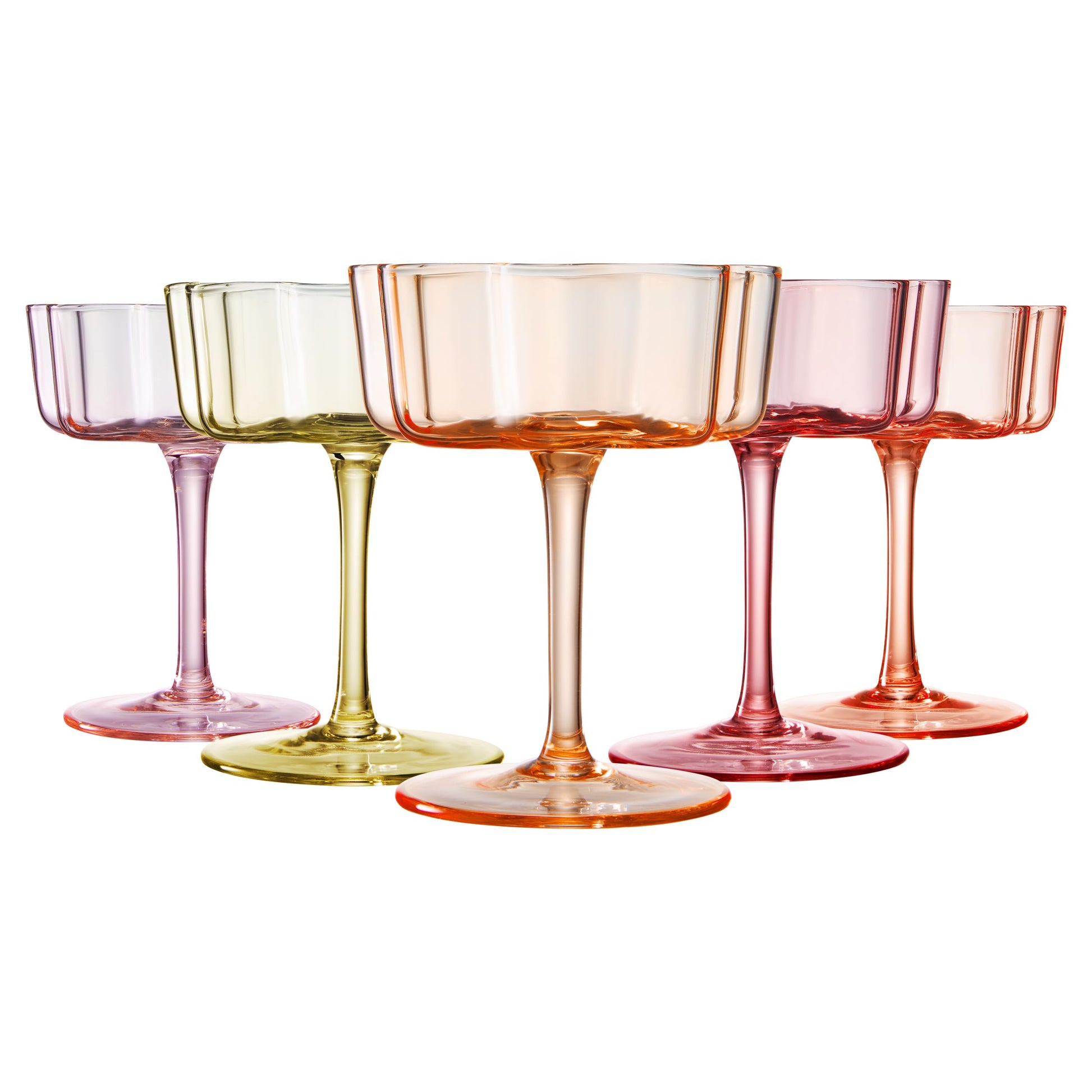 Flower Wave Coupe Cocktail Colored Glasses | Set of 5 | Fall/Holiday Colors - -