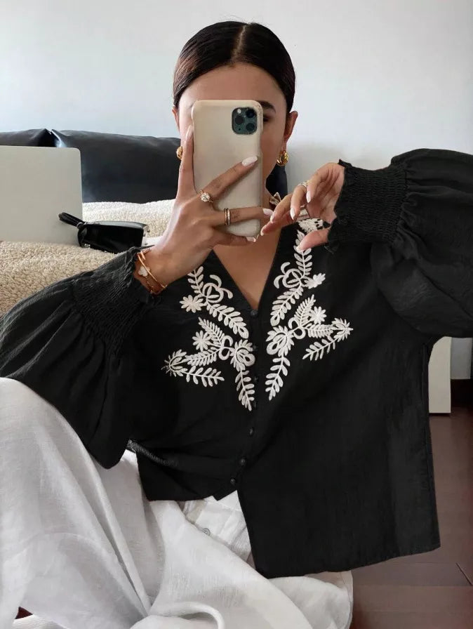 Embroidered Notched Long Sleeve Blouse - -
