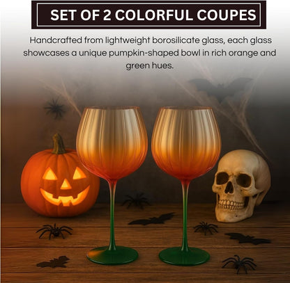 Khen Pumpkin Wine Glasses Fall Inspired Lightweight - Set of 2 Orange & Green - -