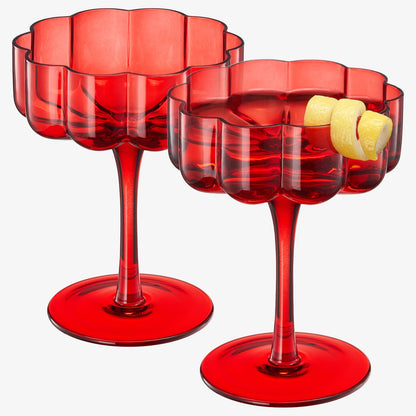 Red Flower Vintage Wavy Glass Coupes Martini Champagne & Cocktail Coupes - Set of 2 - - Wine Glasses