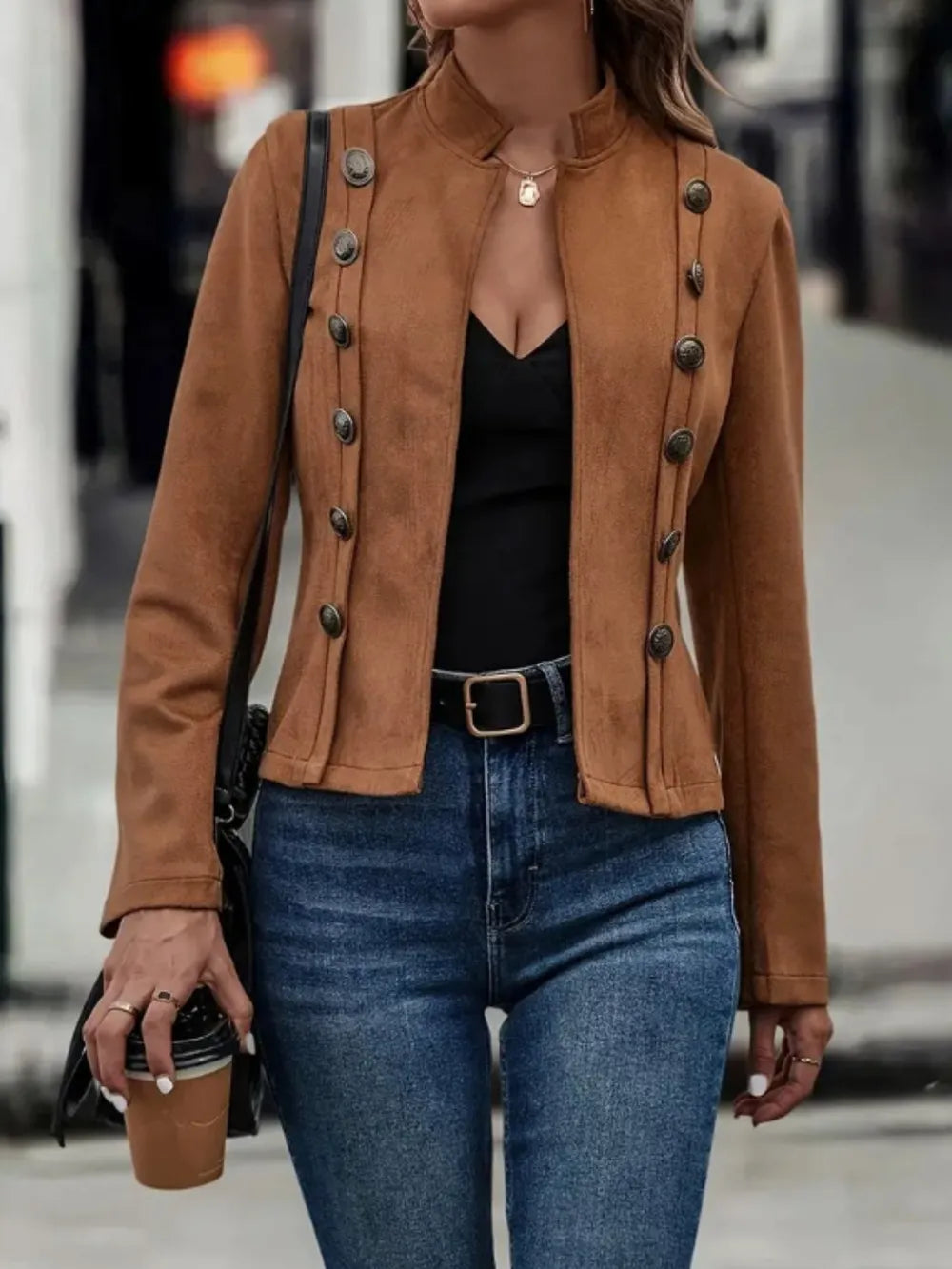 Decorative Button Open Front Long Sleeve Jacket - Brown -