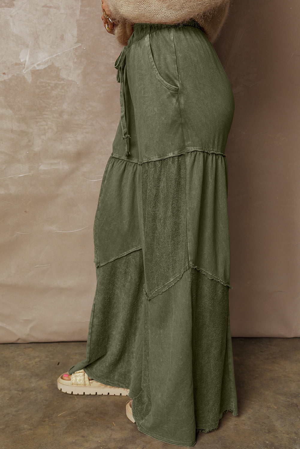 Vineyard Green Mineral Wash Tiered Wide Leg Patchwork Drawstring Pants - - Bottoms/Pants & Culotte