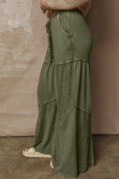 Vineyard Green Mineral Wash Tiered Wide Leg Patchwork Drawstring Pants - - Bottoms/Pants & Culotte