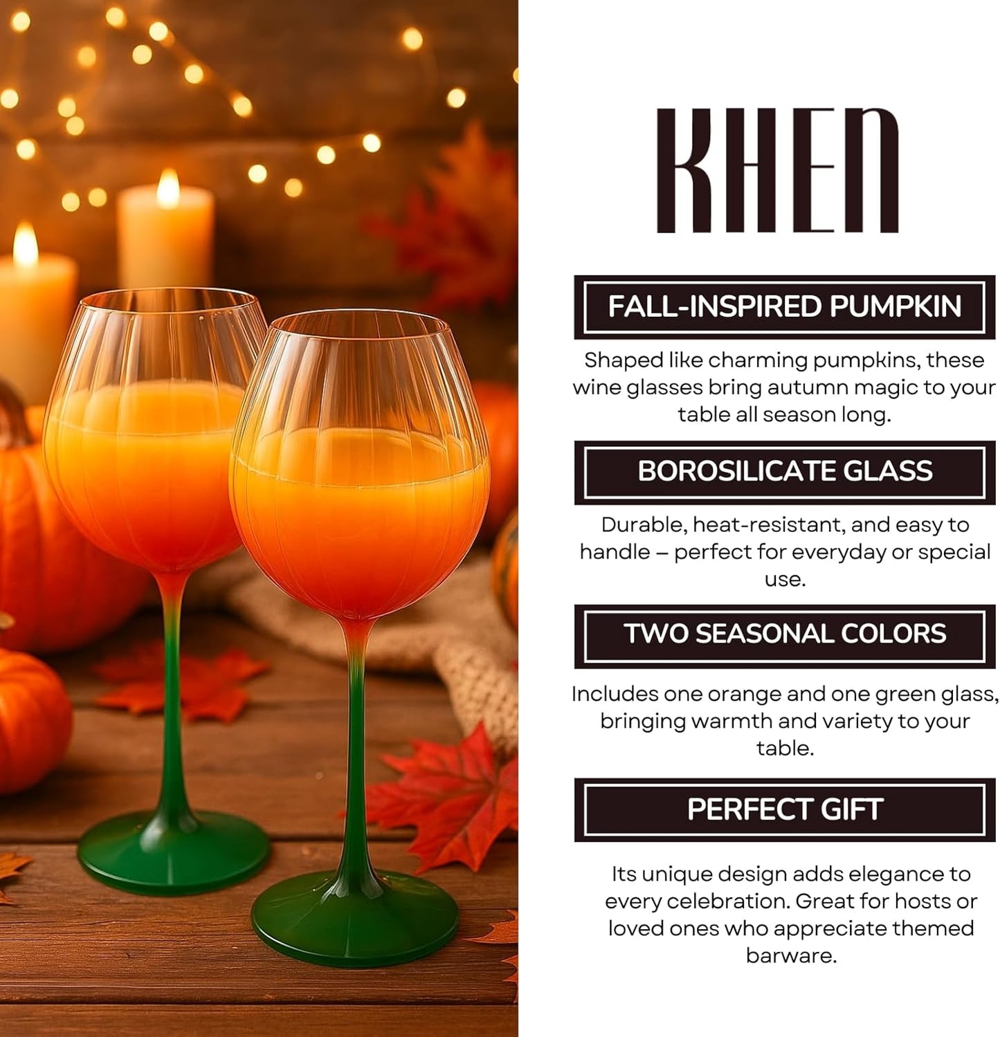 Khen Pumpkin Wine Glasses Fall Inspired Lightweight - Set of 2 Orange & Green - -