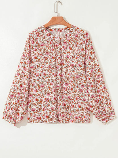 Floral Long Sleeve Button Down Blouse - -