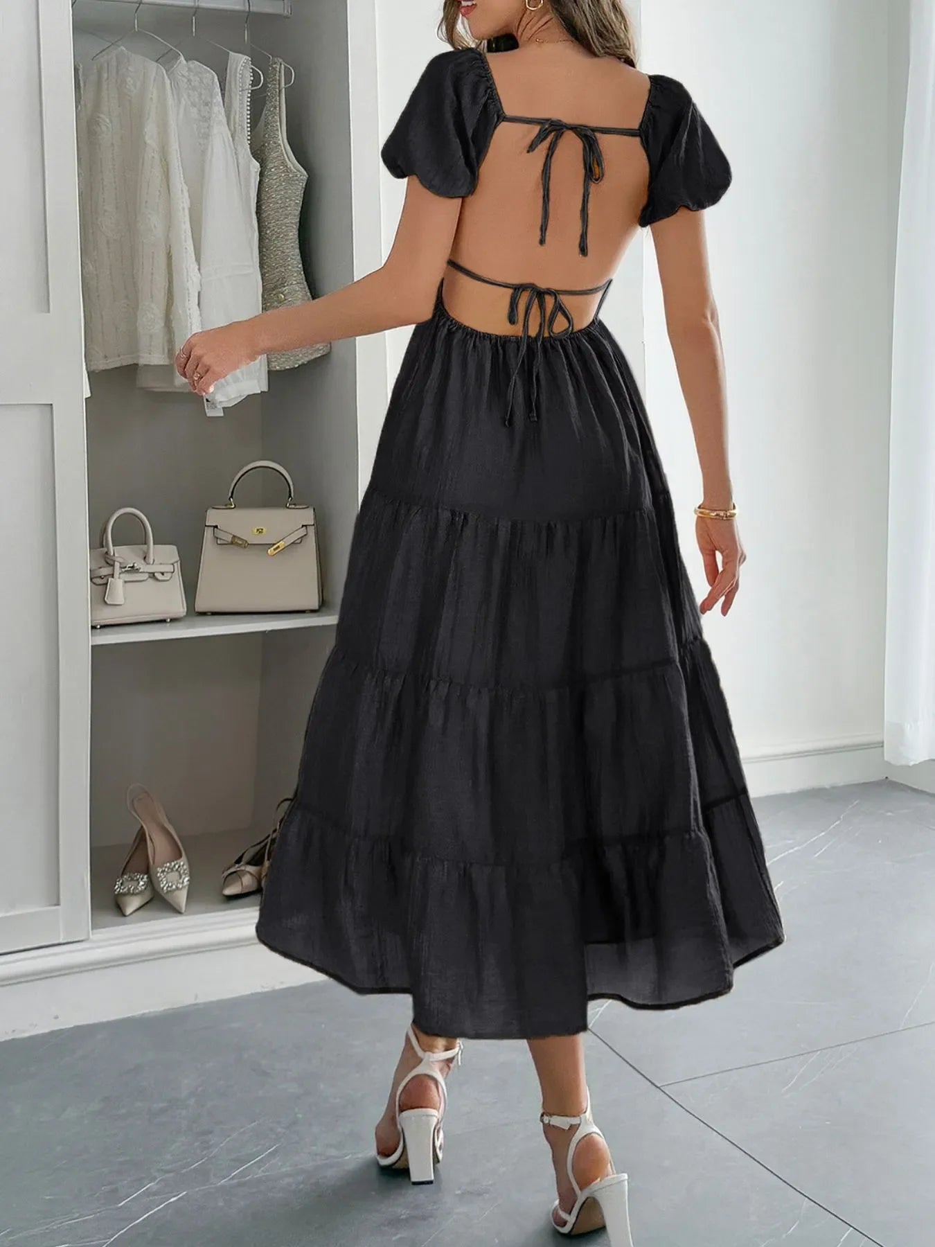 Backless Tiered Puff Sleeve Midi Dress - -