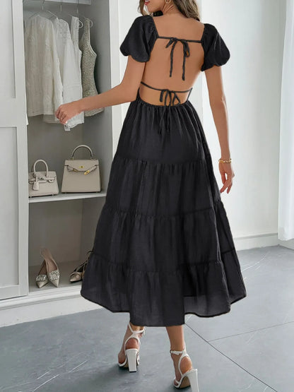 Backless Tiered Puff Sleeve Midi Dress - -