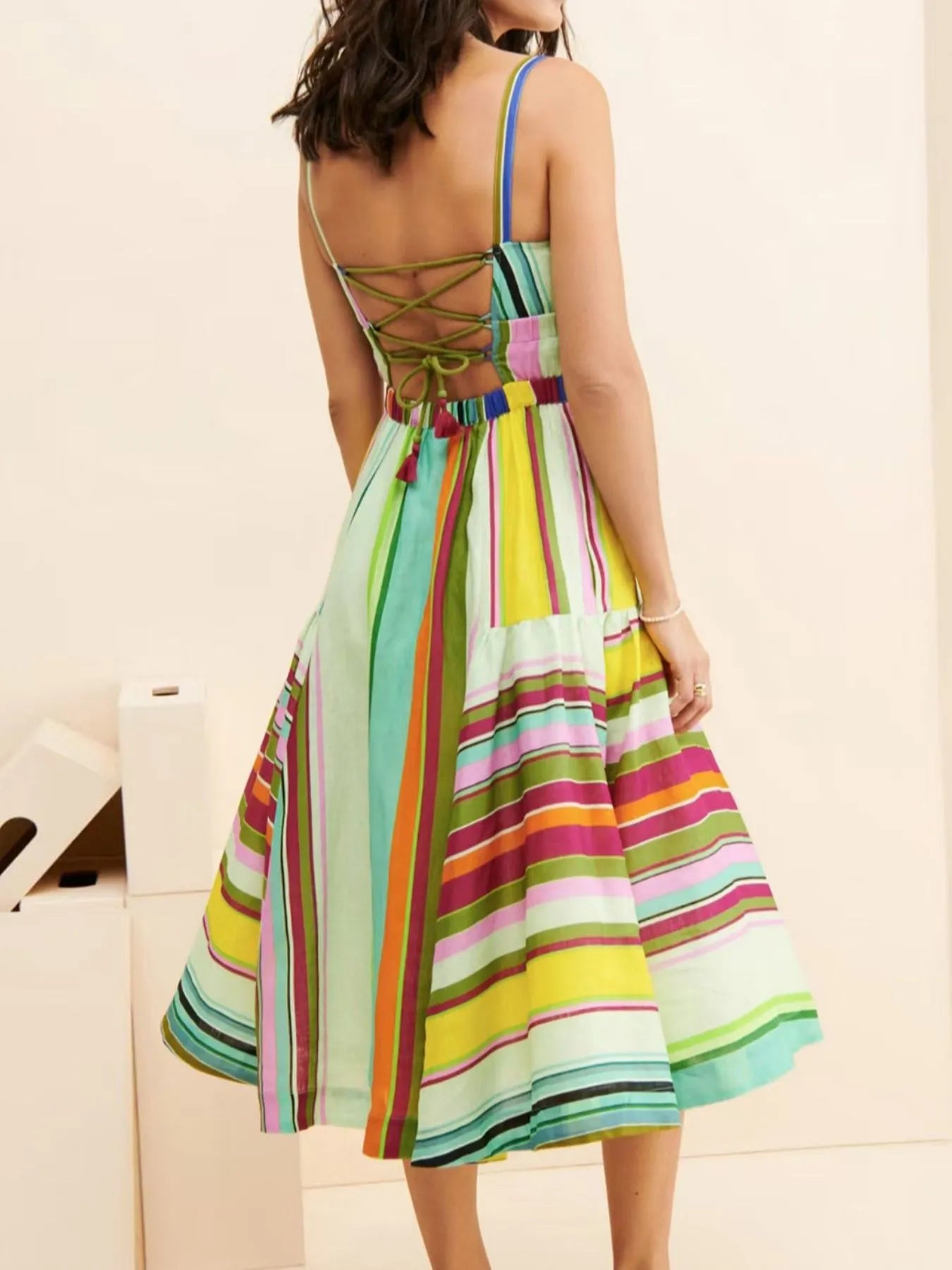 Colorful Striped Spaghetti Strap Midi Dress - -