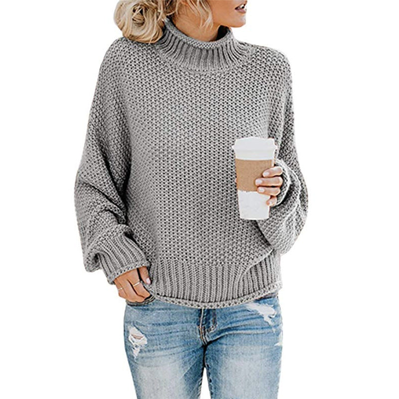 New Knitted Sweater Women's Thick Thread High Neck Pullover Sweater