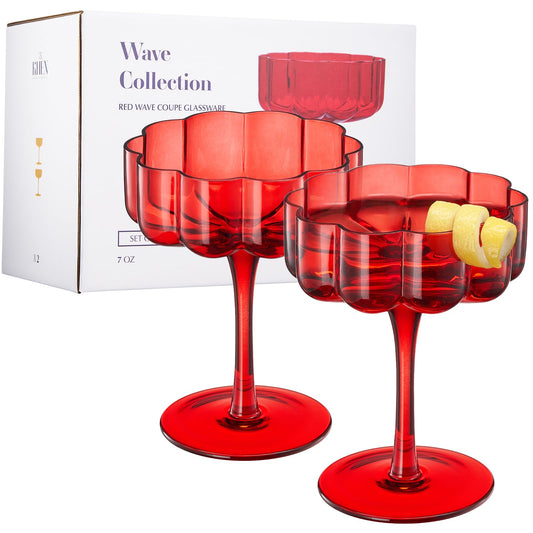 Red Flower Vintage Wavy Glass Coupes Martini Champagne & Cocktail Coupes - Set of 2 - - Wine Glasses