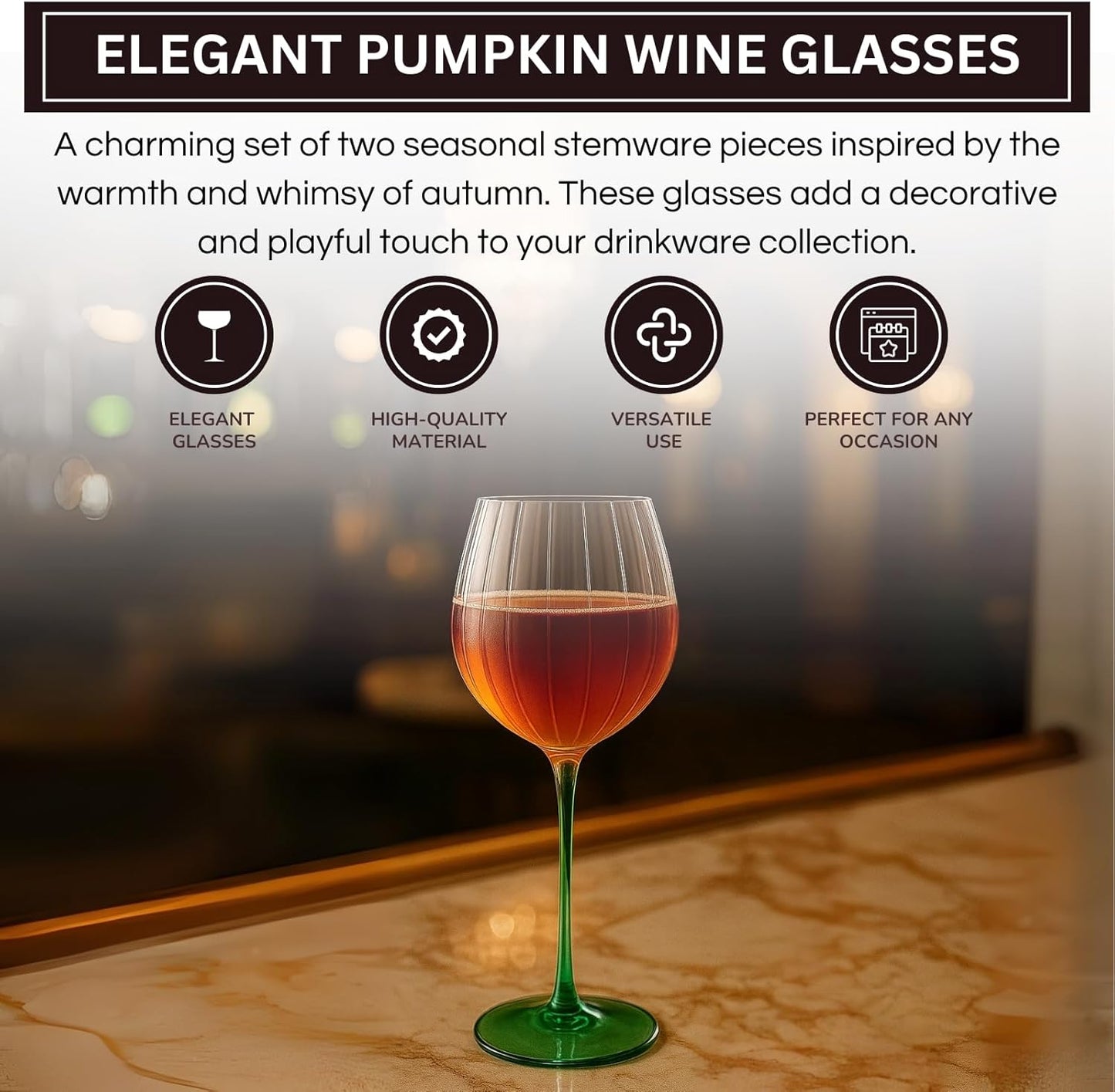 Khen Pumpkin Wine Glasses Fall Inspired Lightweight - Set of 2 Orange & Green - -