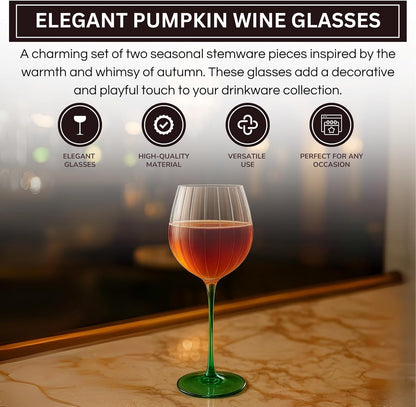 Khen Pumpkin Wine Glasses Fall Inspired Lightweight - Set of 2 Orange & Green - -