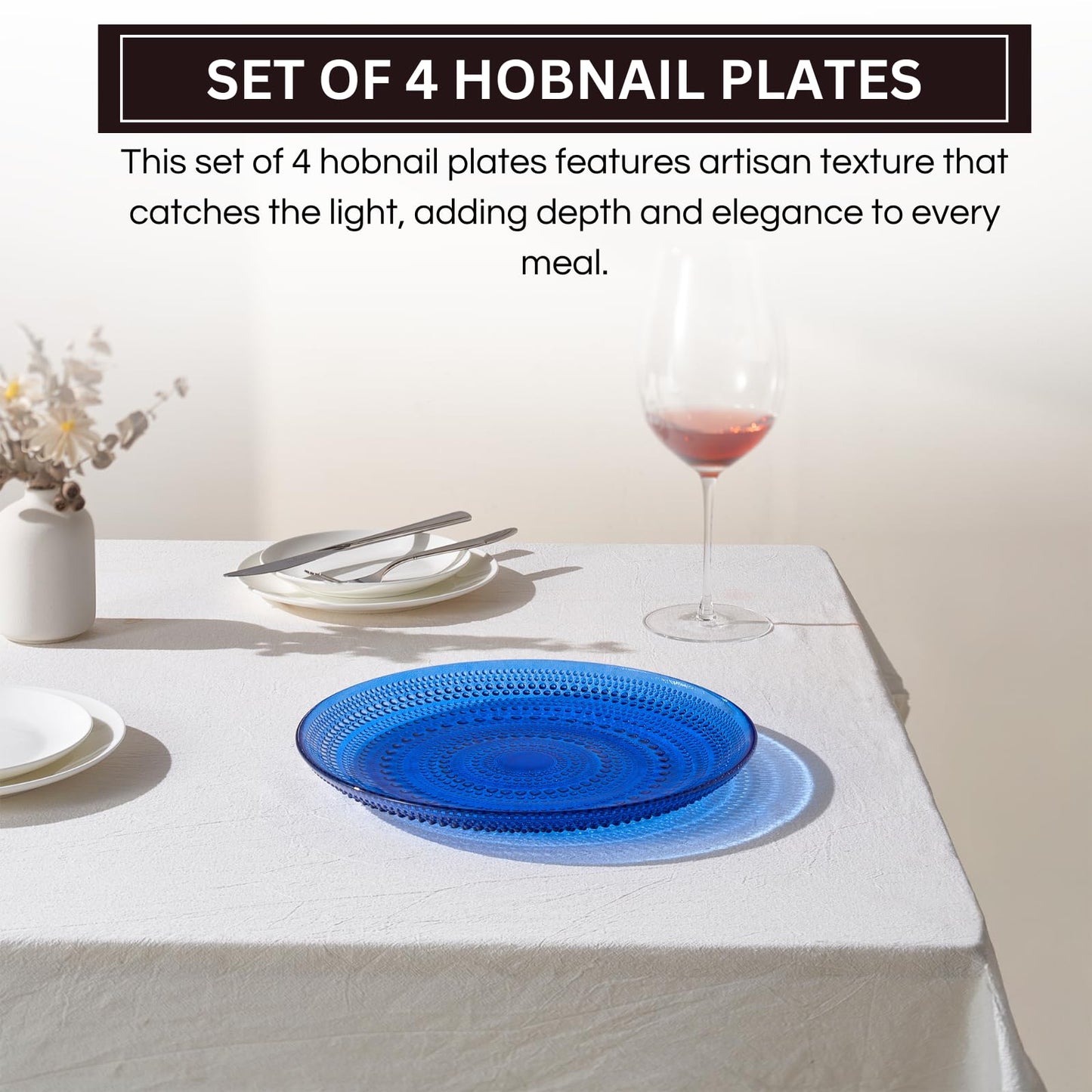 Glass Hobnail Dinner or Charger Plates | Set of 4 | Dark Blue - -