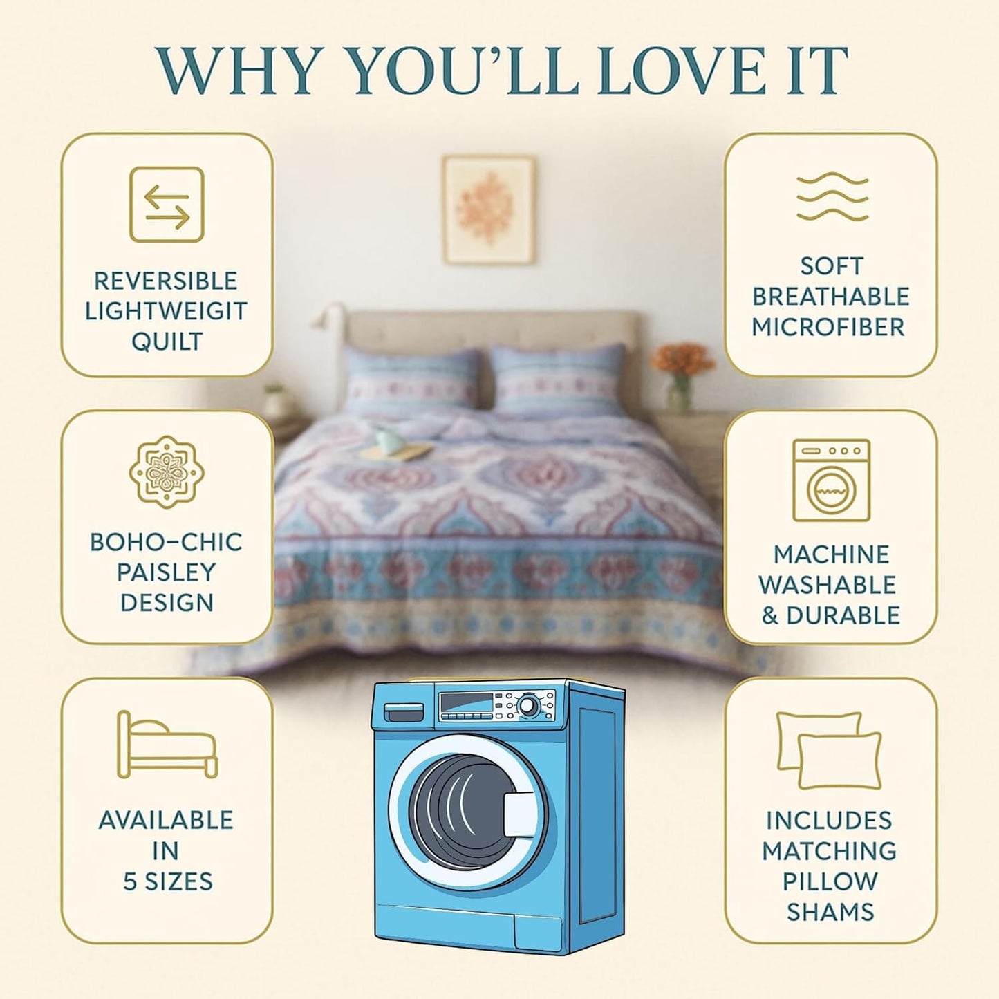 DaDa Bedding Bohemian Summertime White Blue Floral Paisley Bedspread Set (KSX-003)- DaDalogy Bedding Collection- {{Product type}}