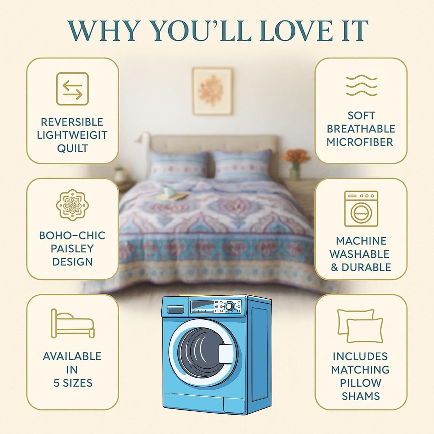 DaDa Bedding Bohemian Summertime White Blue Floral Paisley Bedspread Set (KSX-003)- DaDalogy Bedding Collection- {{Product type}}