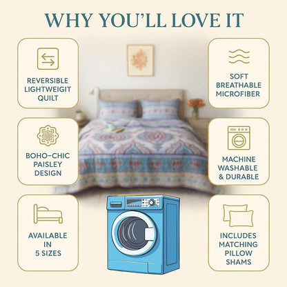 DaDa Bedding Bohemian Summertime White Blue Floral Paisley Bedspread Set (KSX-003)- DaDalogy Bedding Collection- {{Product type}}
