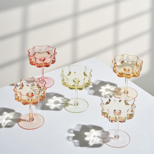 Flower Wave Coupe Cocktail Colored Glasses Set of 5 Fall/Holiday Colors - - Drinkware