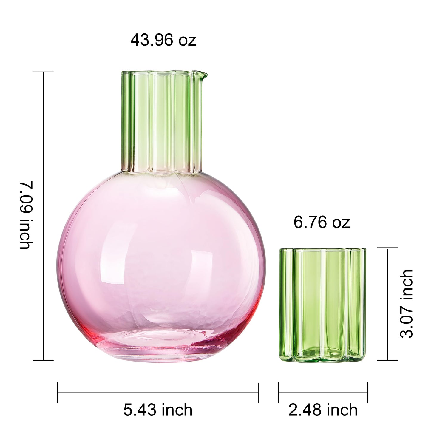 Colorful Carafe & Ribbed Flower Cup Set | 44oz Glasses - -