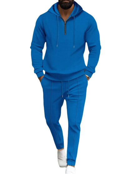 Men's Full Size Waffle-Knit Half Zipper Hoodie and Pants Set Plus Size - -