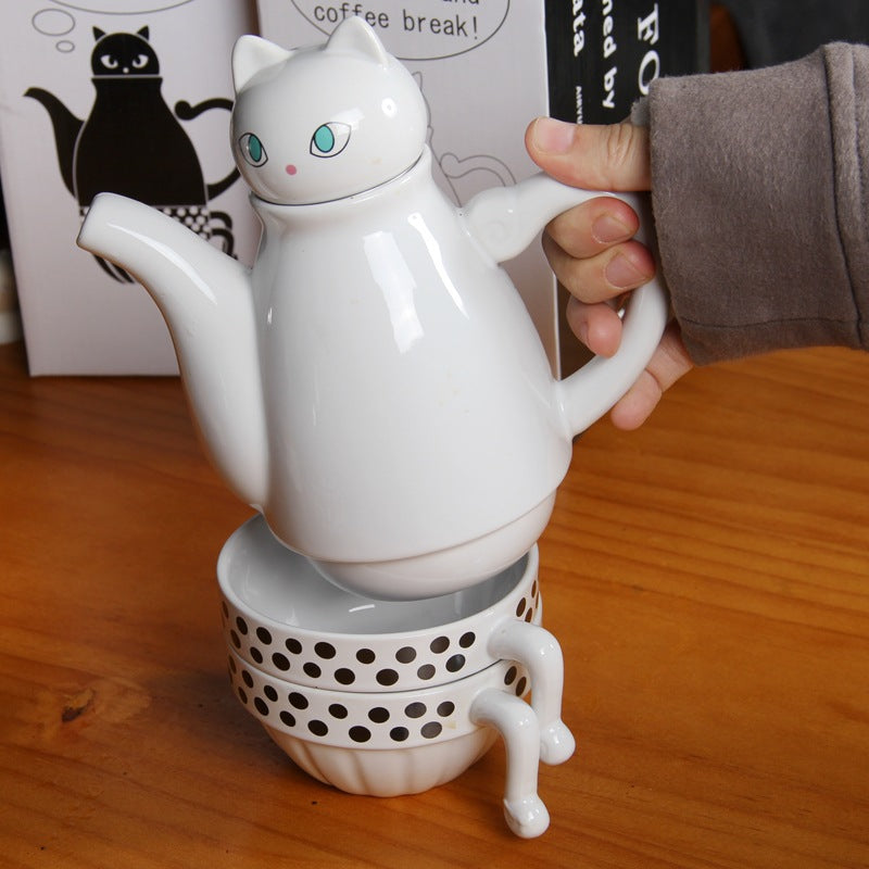 Ceramic Cup Set with Black and White Cat Design - White - tea set
