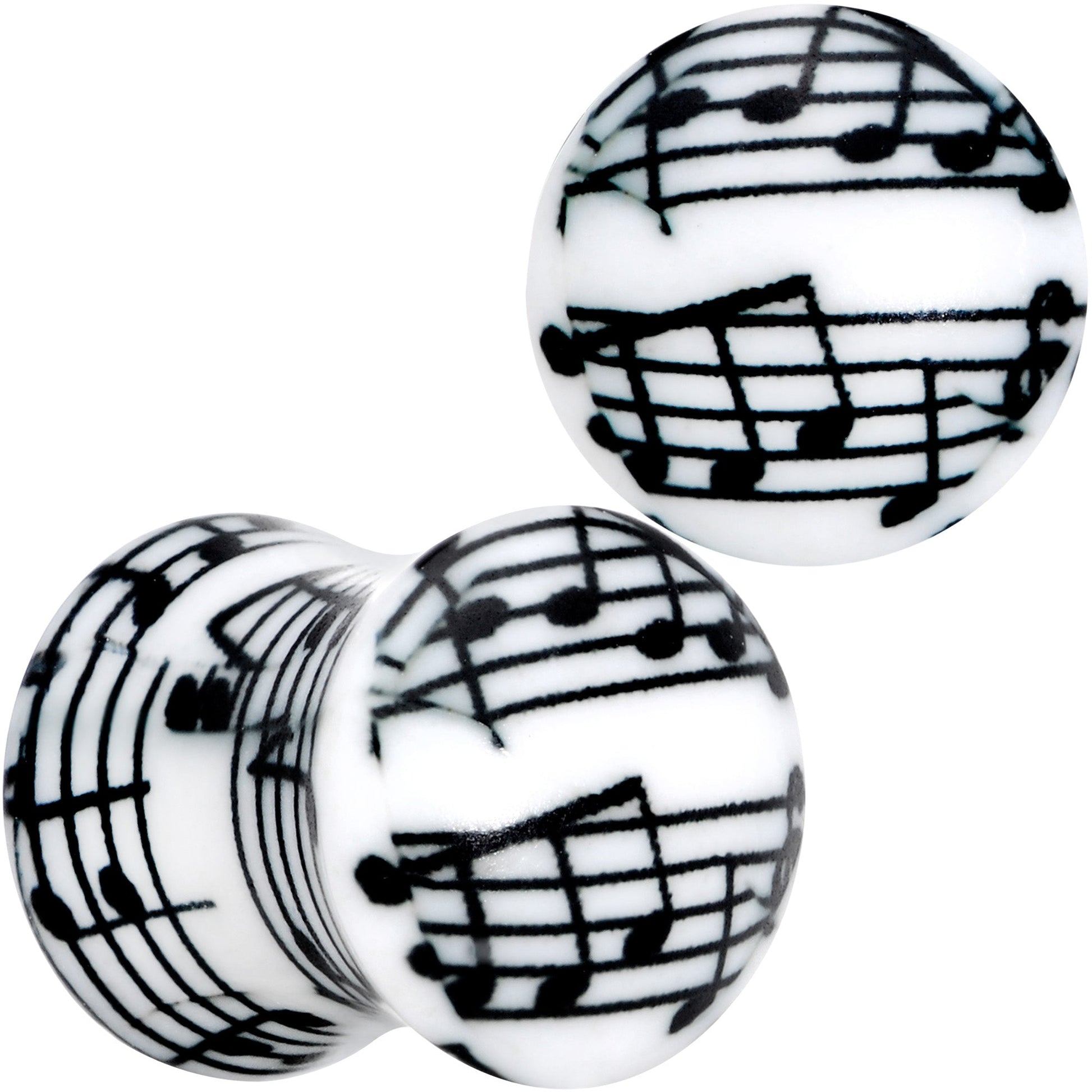 Black White Acrylic Music Notes Double Flare Plug Set - 0 Gauge (8mm) - PLUG Double Flare