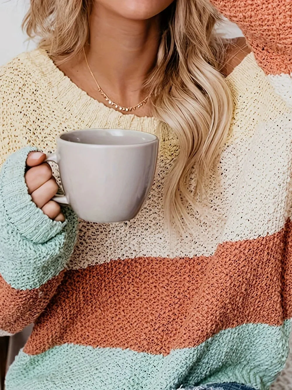 Color Block Round Neck Long Sleeve Sweater - -