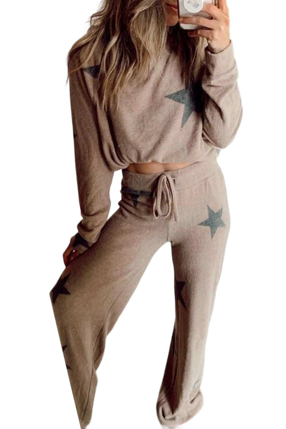 Khaki Retro Star Print Long Sleeve Pullover Drawstring Wide Leg Pajama Set- Wild and Free Boutique- {{Product type}}