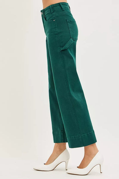 RISEN Tummy Control High Rise Crop Wide No Waist Band Pants - - jeans