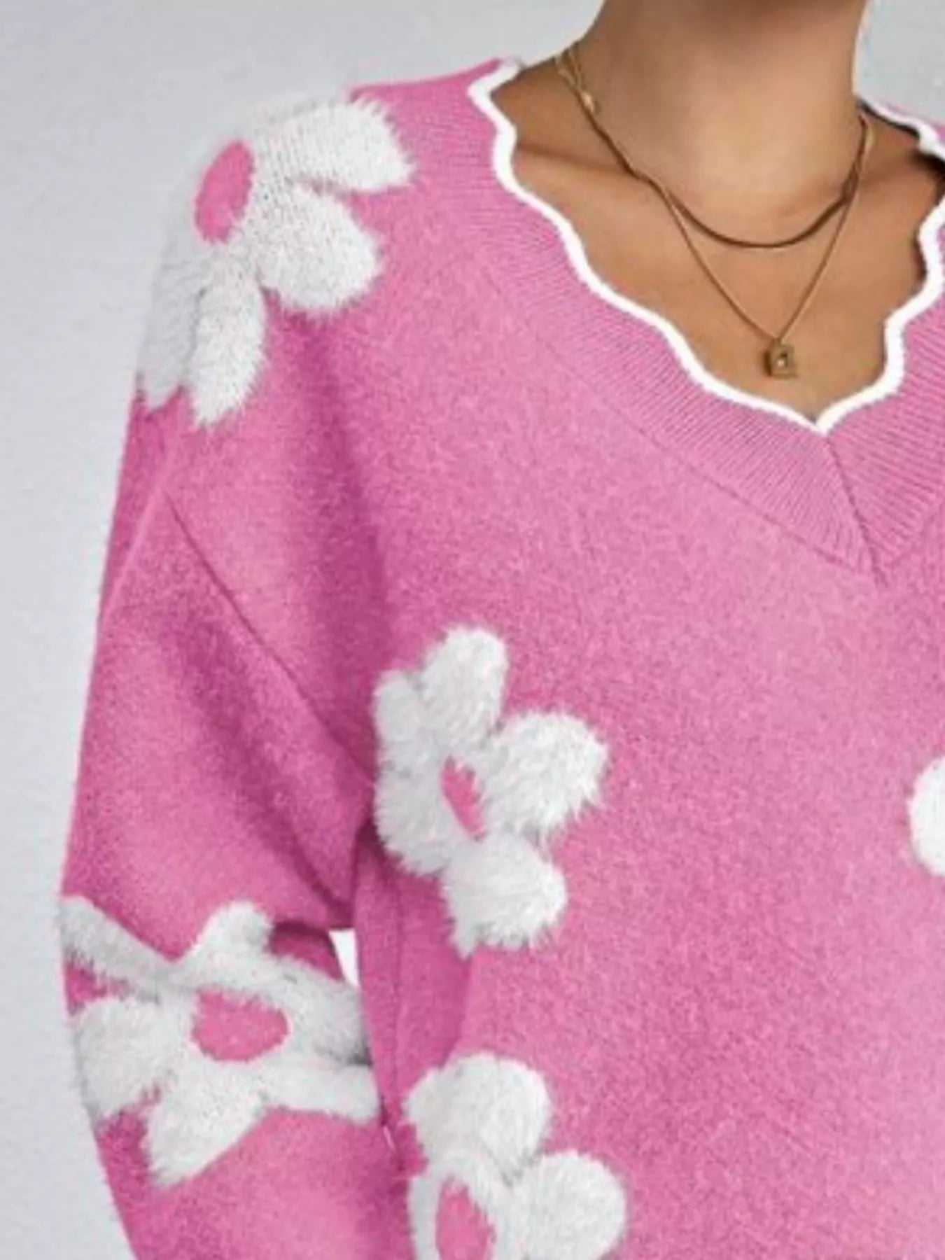 Floral V-Neck Long Sleeve Sweater - -