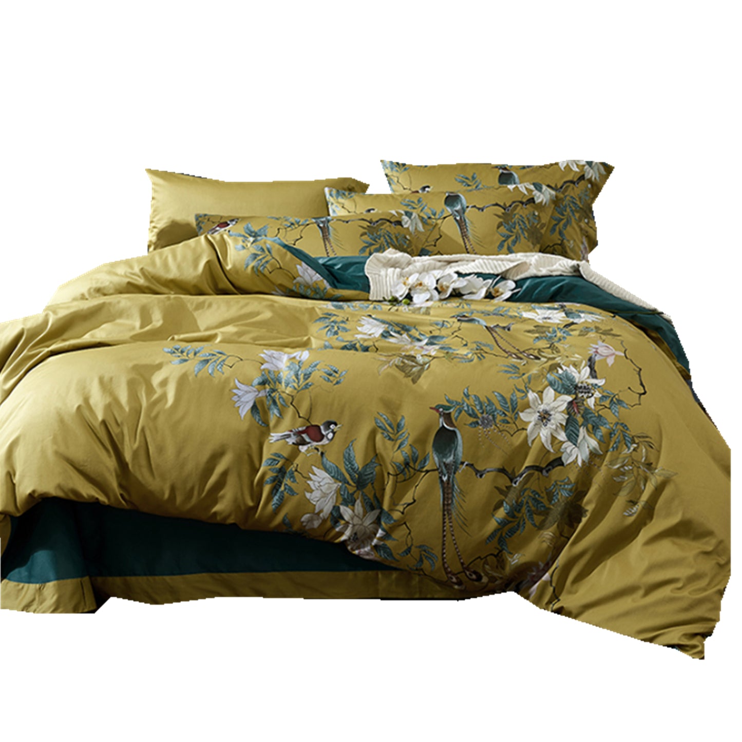 60s Cotton Reactive Printing Bedding Green Bird Print Bedding Set