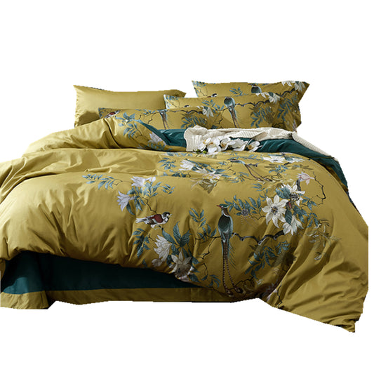 60s Cotton Reactive Printing Bedding Green Bird Print Bedding Set