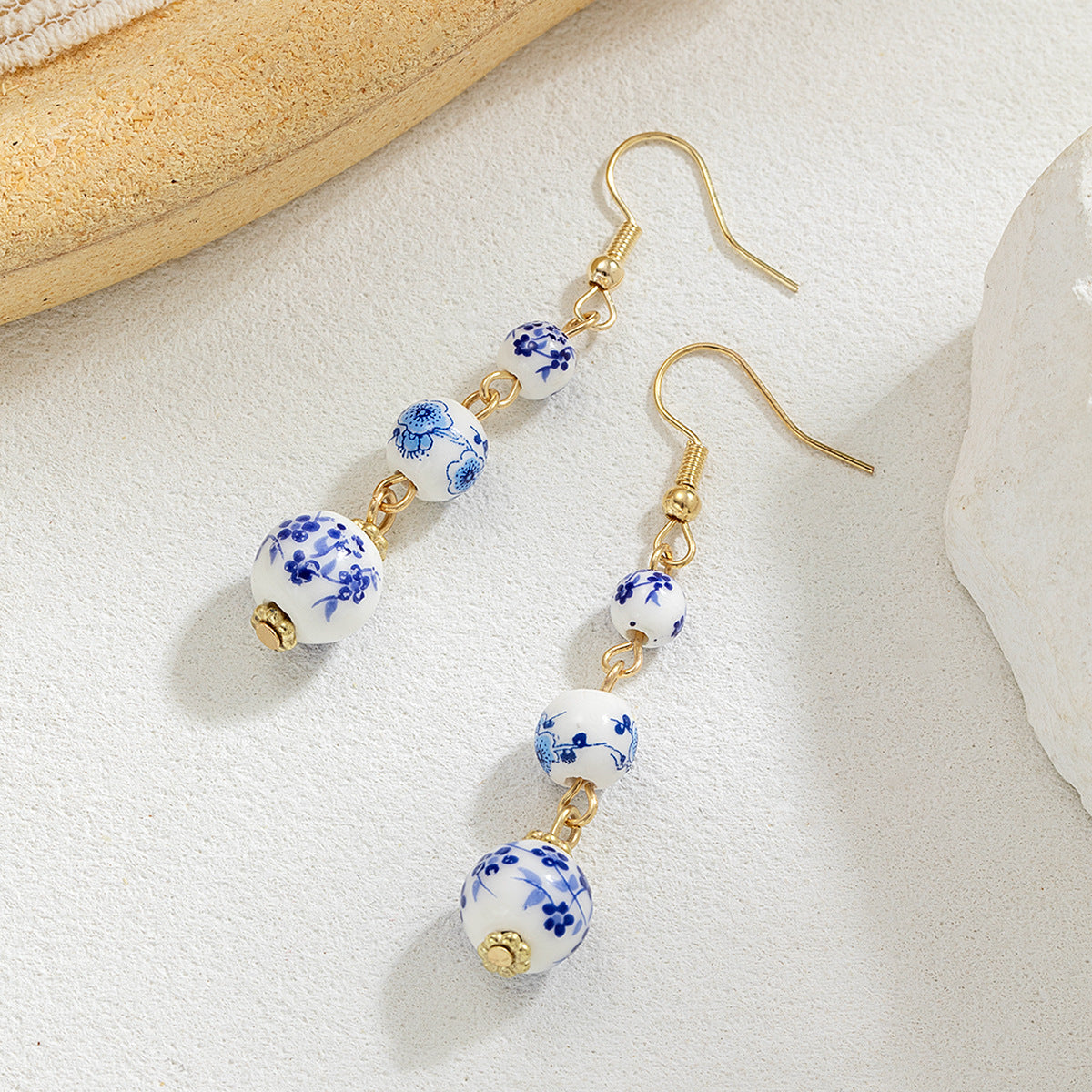 Blue and White Porcelain Bead Long Dangle Earrings - - Earrings